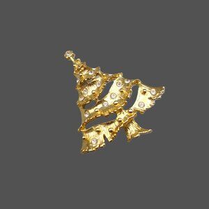 Vintage Gold Christmas Tree Brooch with Clear Rhinestones